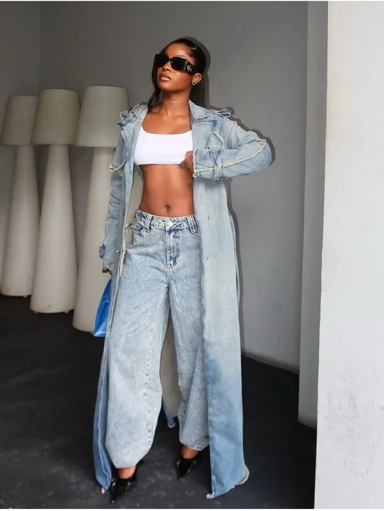 Washed Blue Denim Trench Coat - Picture 4 of 7